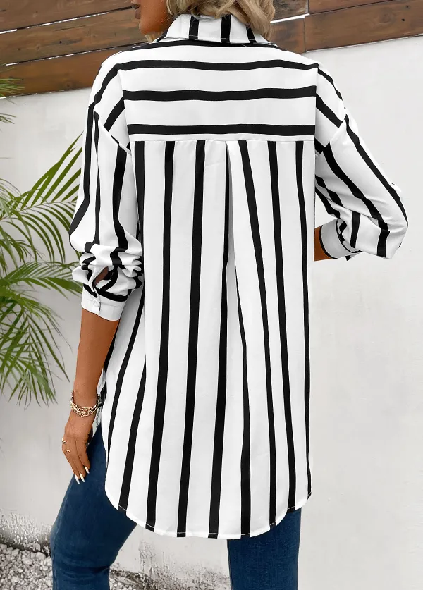Black Pocket Striped Long Sleeve Shirt Collar Blouse