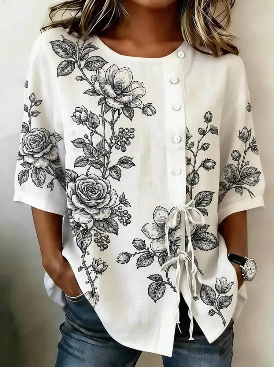 Women's Nashville Floral Rose Botanical Printed Button-up Shirt