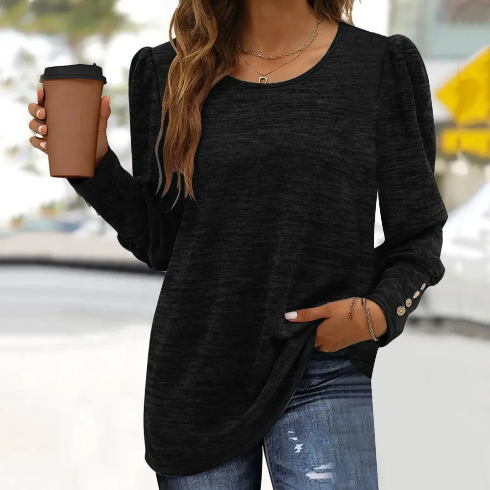 Loose Casual Button Crew Neck Long Sleeve T-Shirt