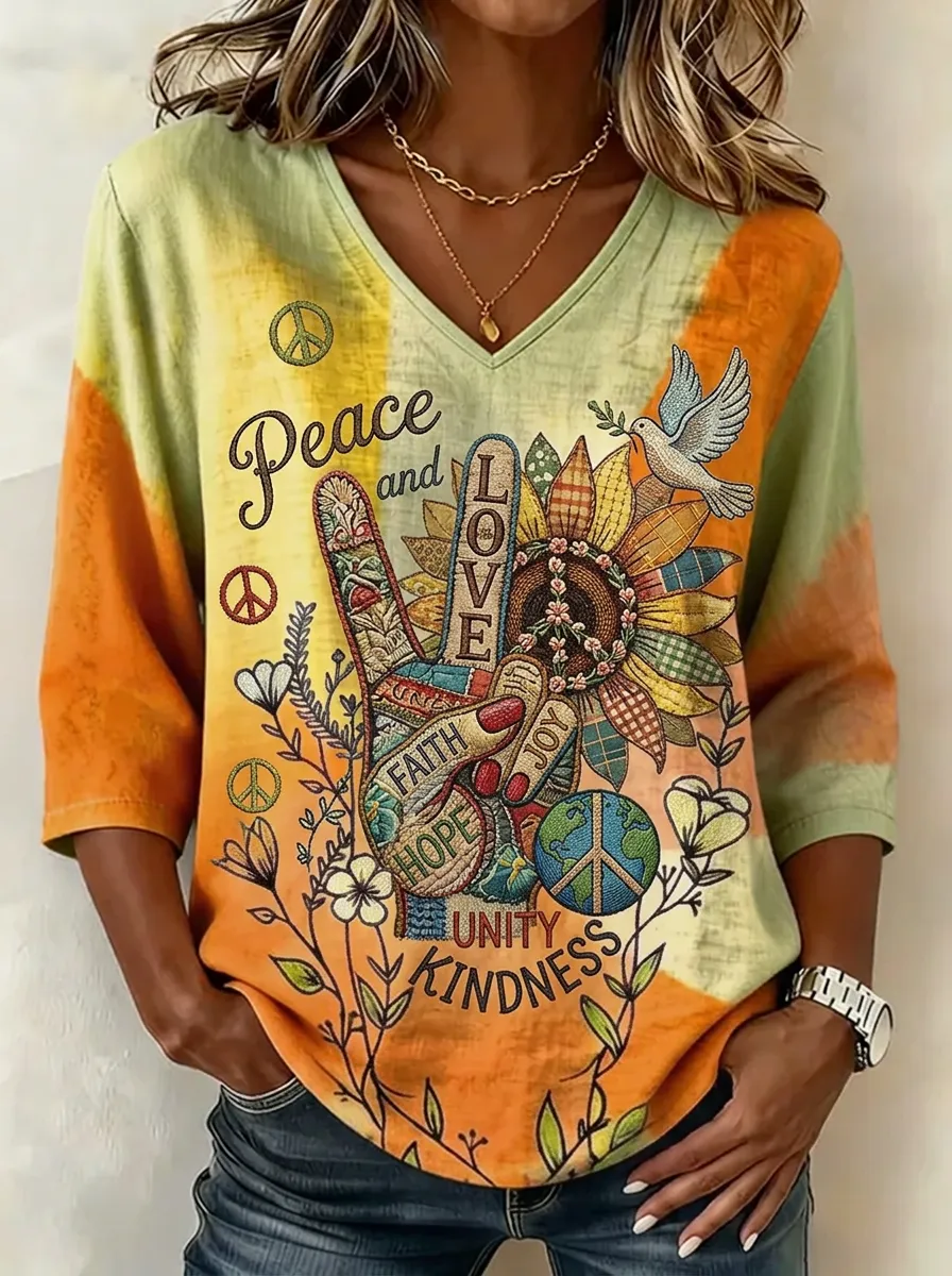 Women's Nashville Peace Love Sunflower Printed V-neck Top