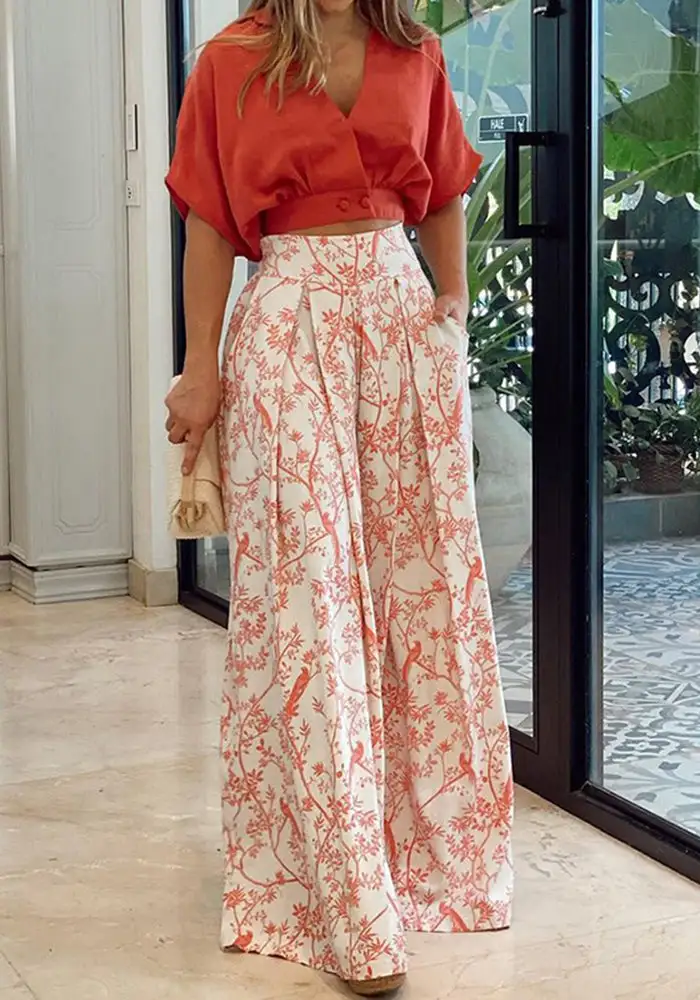 Uptown Girl Shirt Print Wide Leg Pants Set
