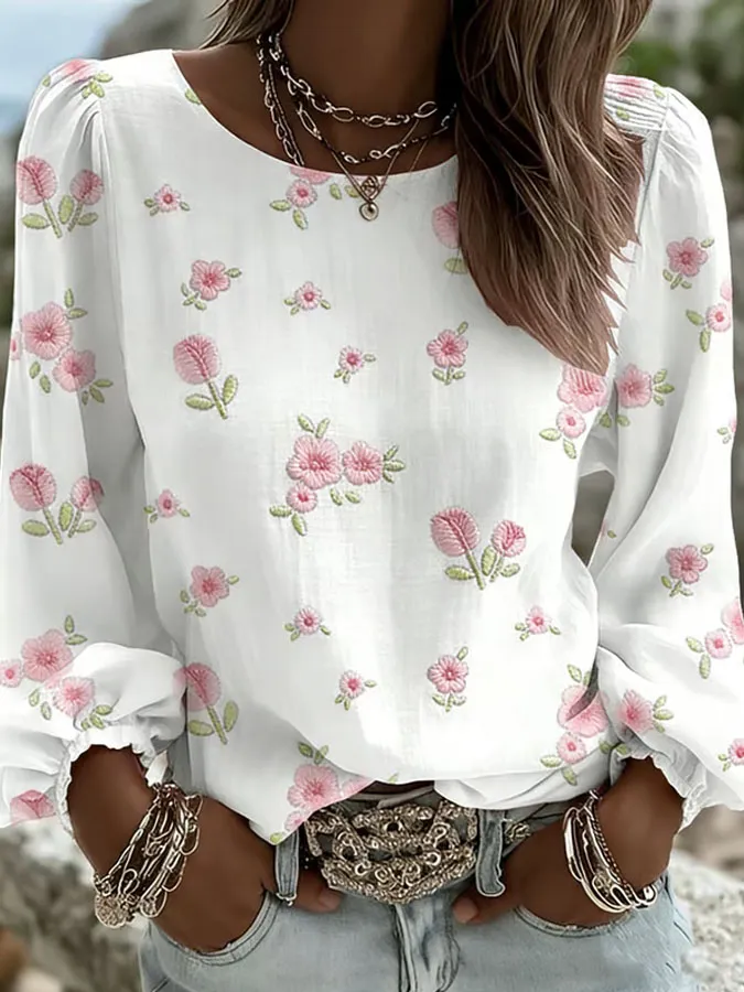 Women'S Floral Art Printed Casual Long Sleeved Shirt