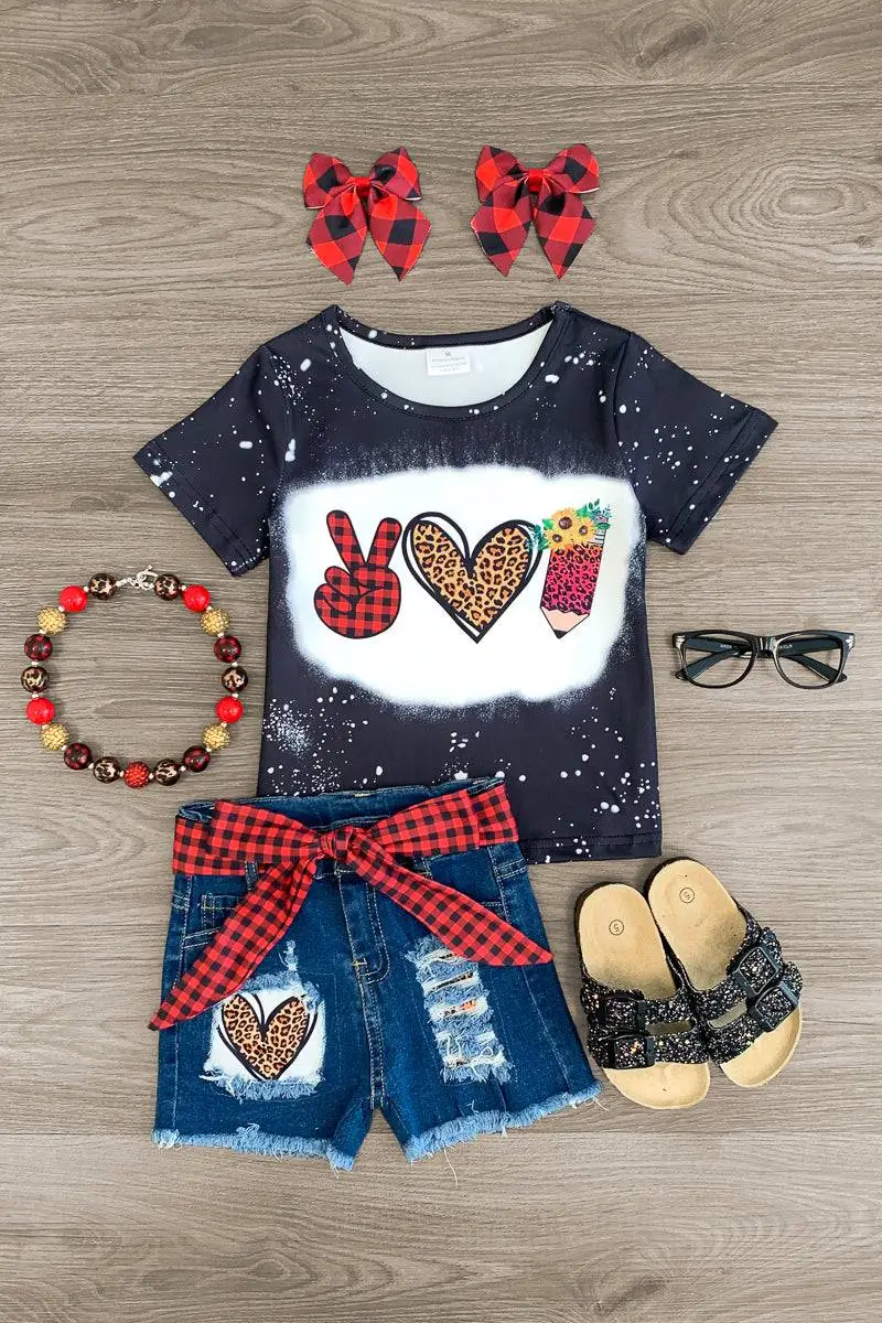 Peace Love Learn Denim Short Set