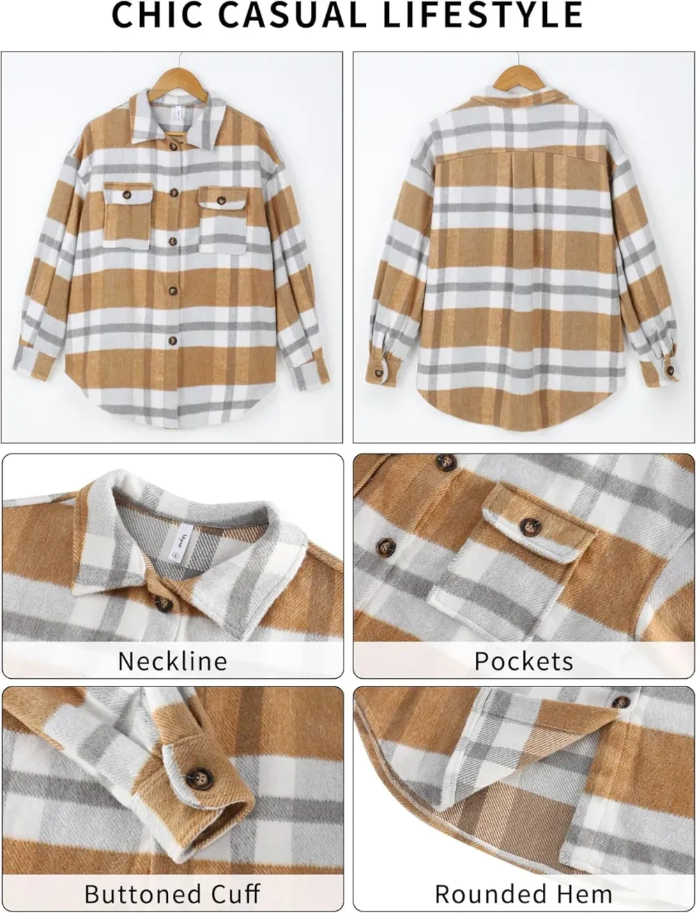 Women's Casual Plaid Flannel Shacket Jacket Oversized Button Down Long Sleeve Fall Shirts Jacket Lapel Coats Tops