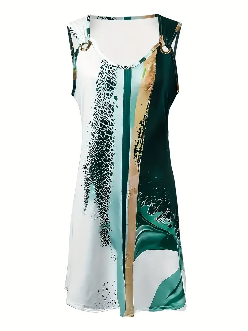 Color Block Sleeveless V-Neck Dress for Women, Casual Linked Ring Detail, Spring Summer Fashion