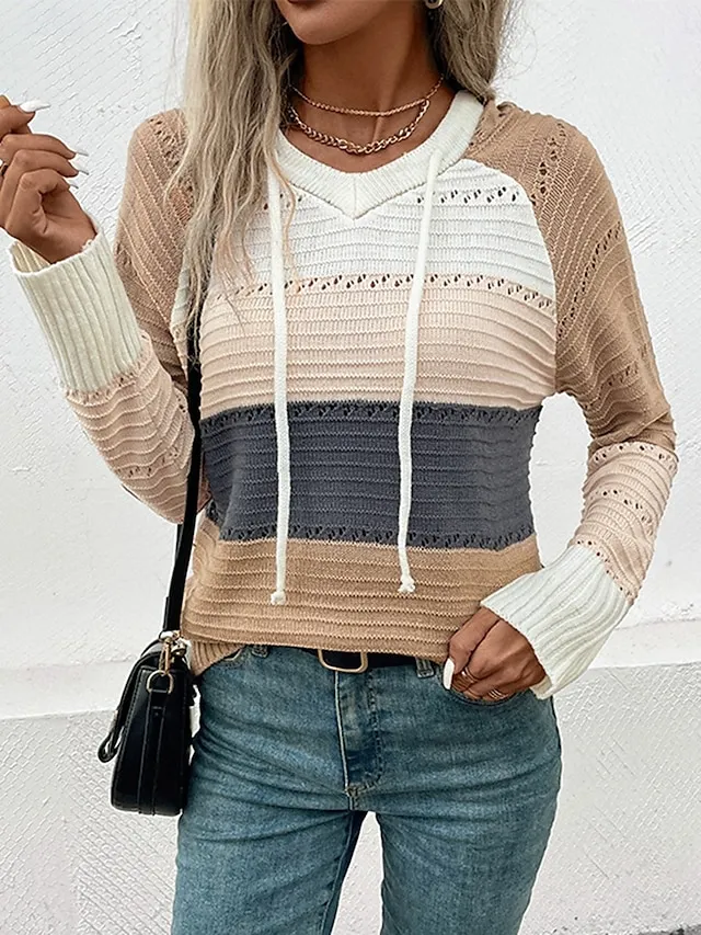 Women's Pullover Sweater Jumper V Neck Knit Hooded Spring Fall Daily Casual Soft Long Sleeve Color Block Apricot