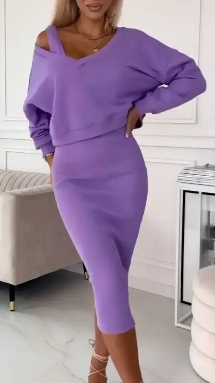 Women's V-neck Solid Color Casual Dress Suit