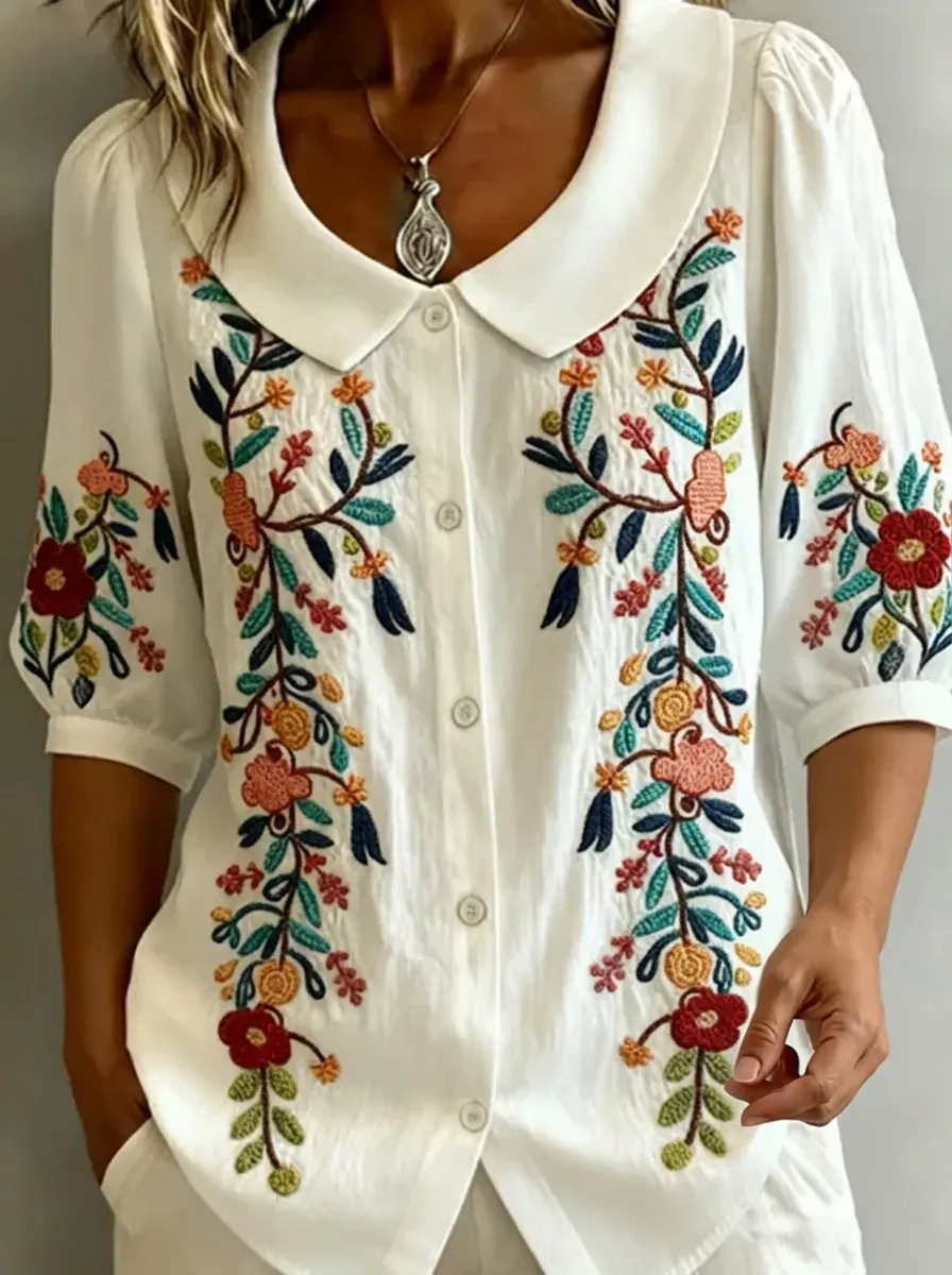 Women's Nashville Floral Embroidery Printed Button-down Shirt