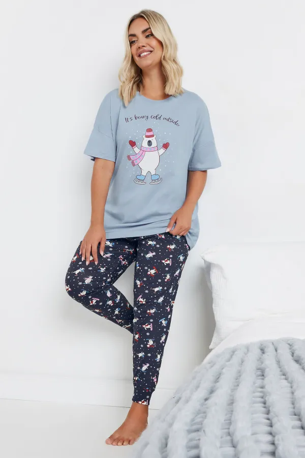 YOURS Curve Blue Polar Bear Cuffed Pyjama Set