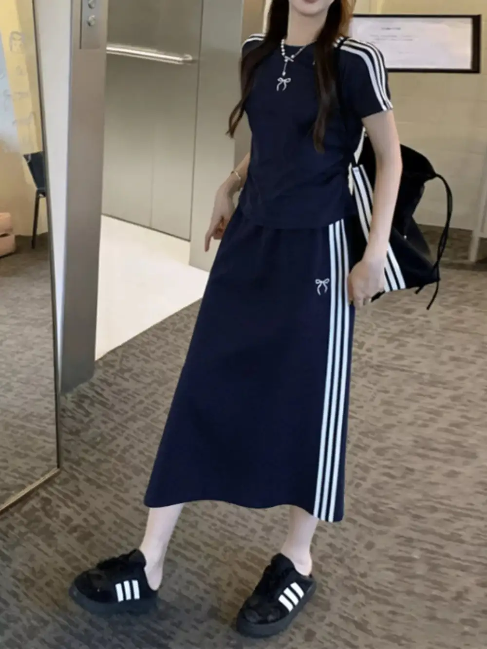 Striped Round Neck Tee Skirt Set