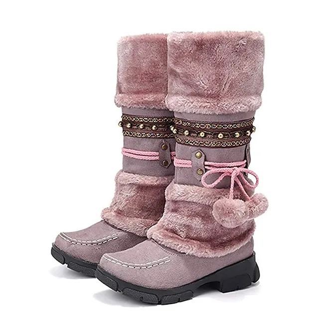 Women's Boots Snow Boots Plus Size Outdoor Daily Fleece Lined Knee High Boots Winter Bowknot Pom-pom Chunky Heel Round Toe Casual Industrial Style PU Lace-up Black Purple Brown