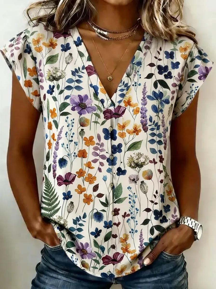 Women's Nashville Botanical Wildflower Printed V-neck Top