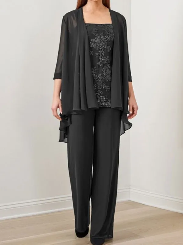 Suit Sequined Chiffon Embroidered Top + Chiffon Long Pants