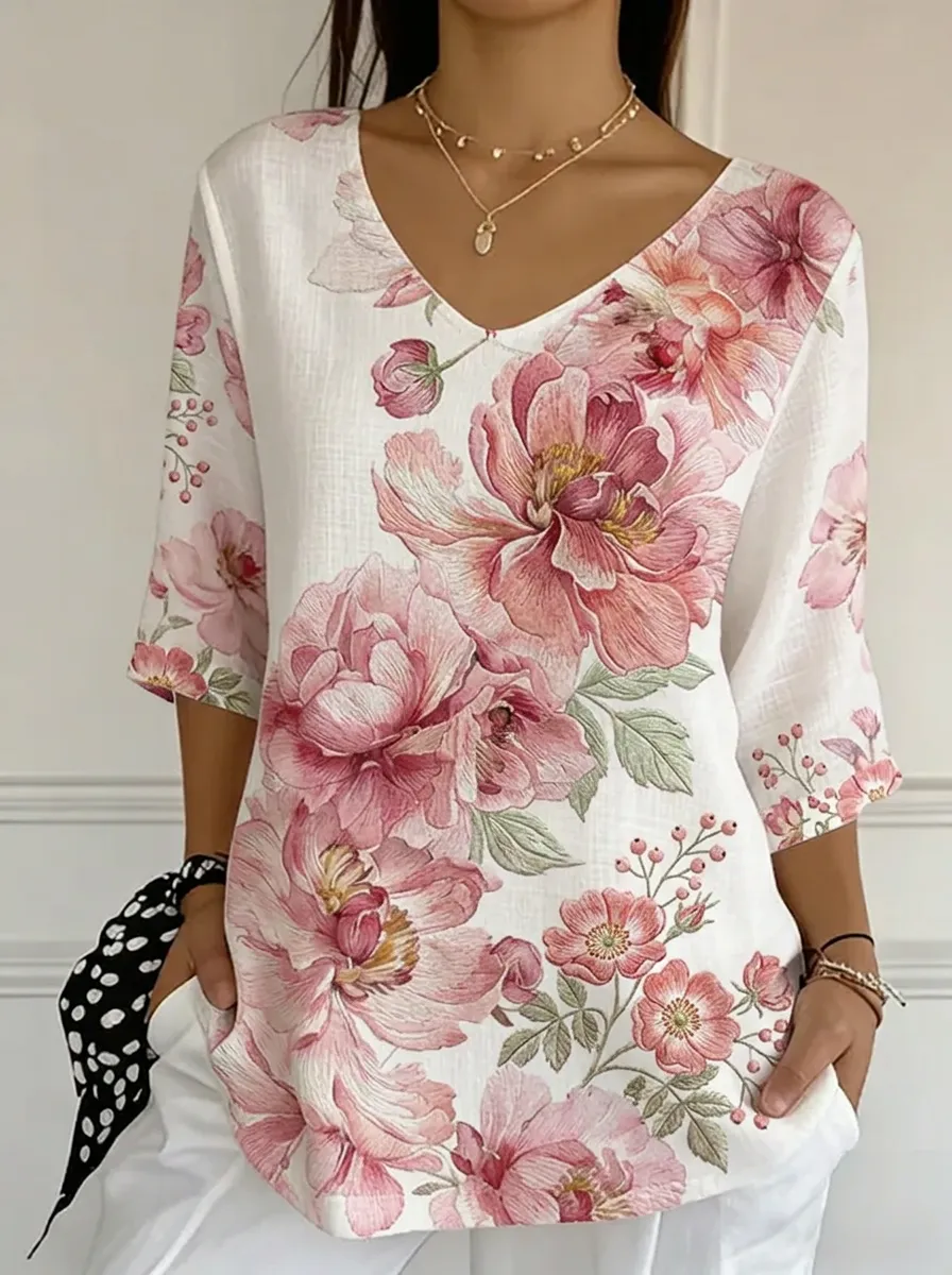 Women's Nashville Floral Peony Printed V-neck Top