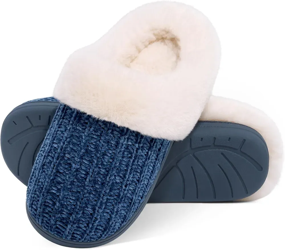 Warm Knit House Slippers for Women Comfy Wool-Like Lined Chenille Slippers with Memory Foam and Indoor Outdoor Soles