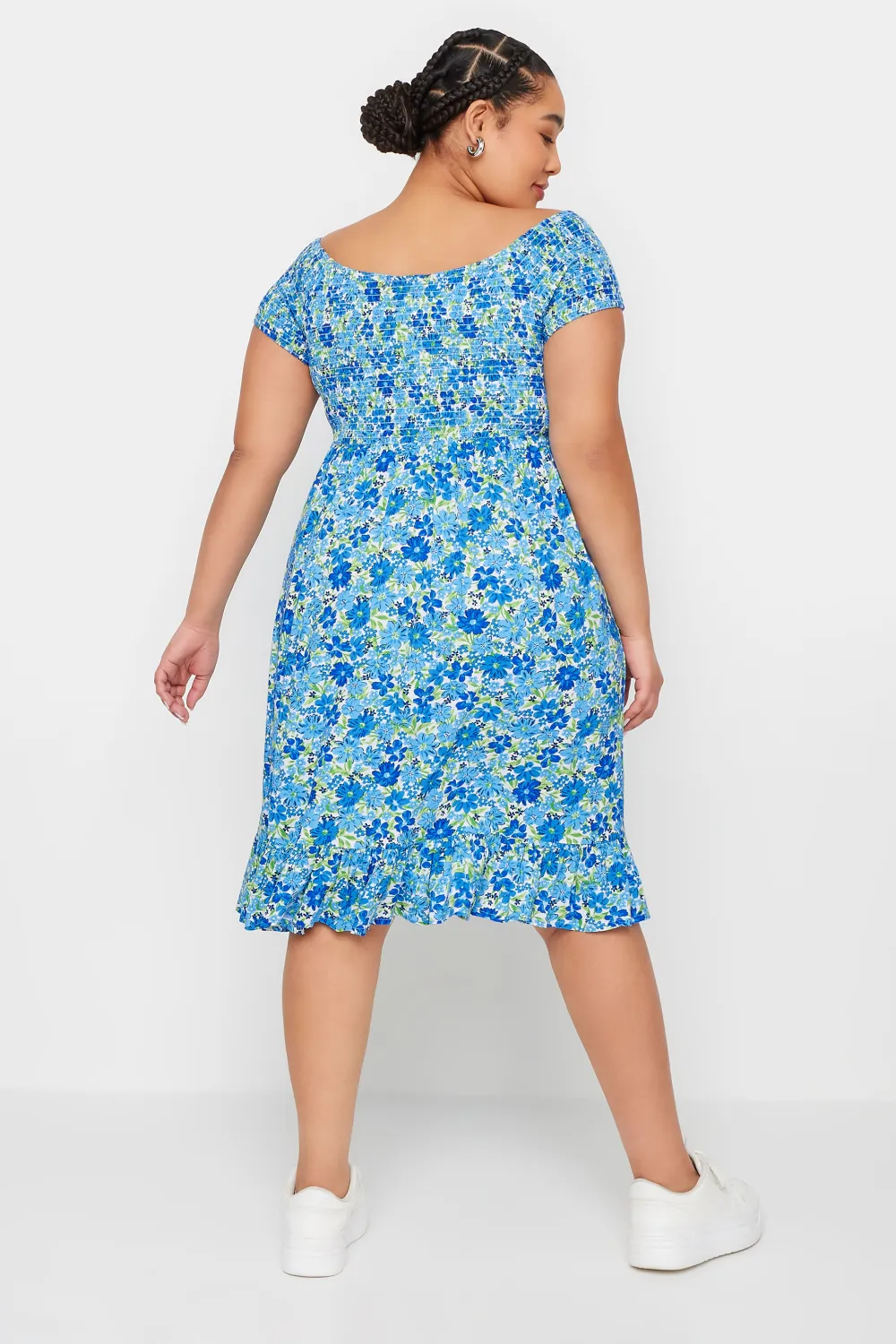 YOURS Curve Blue Shirred Bardot Midi Dress