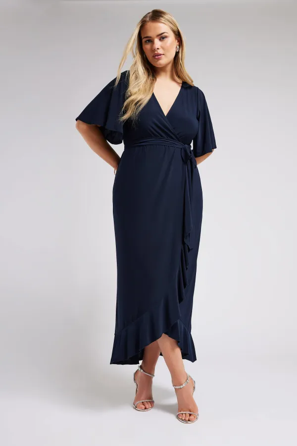 YOURS LONDON Curve Navy Blue Ruffle Hem Wrap Dress