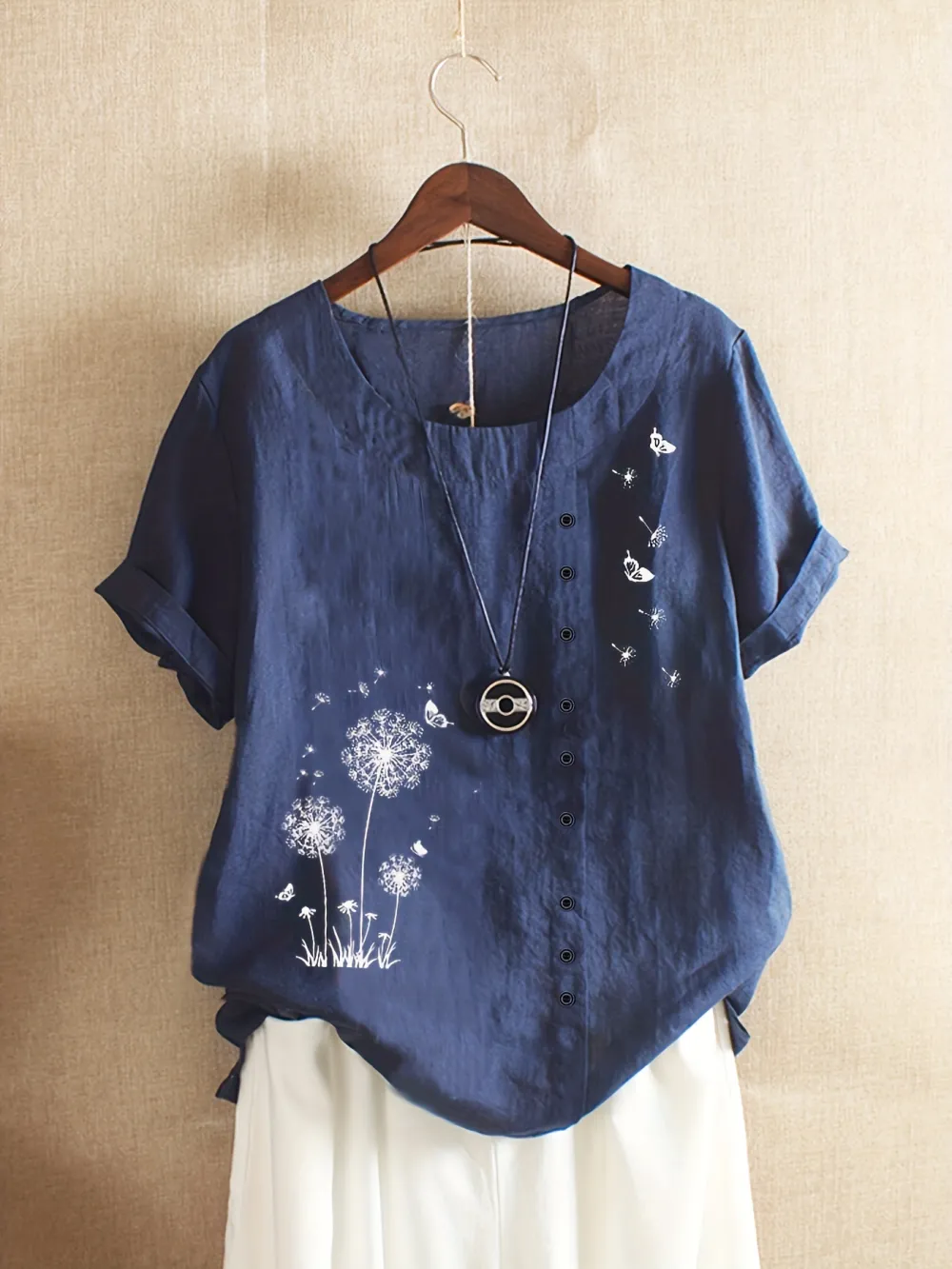Women's Plus Dandelion Print Tee, Short Sleeve, Casual, Round Neck, Plus Size
