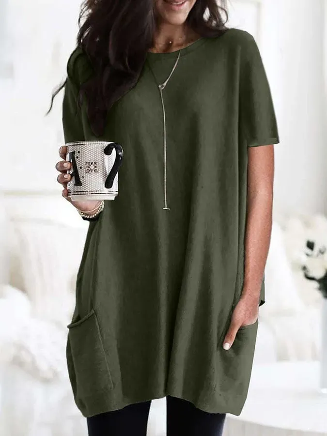 Solid Color Short Sleeve Casual Pocket T-Shirt