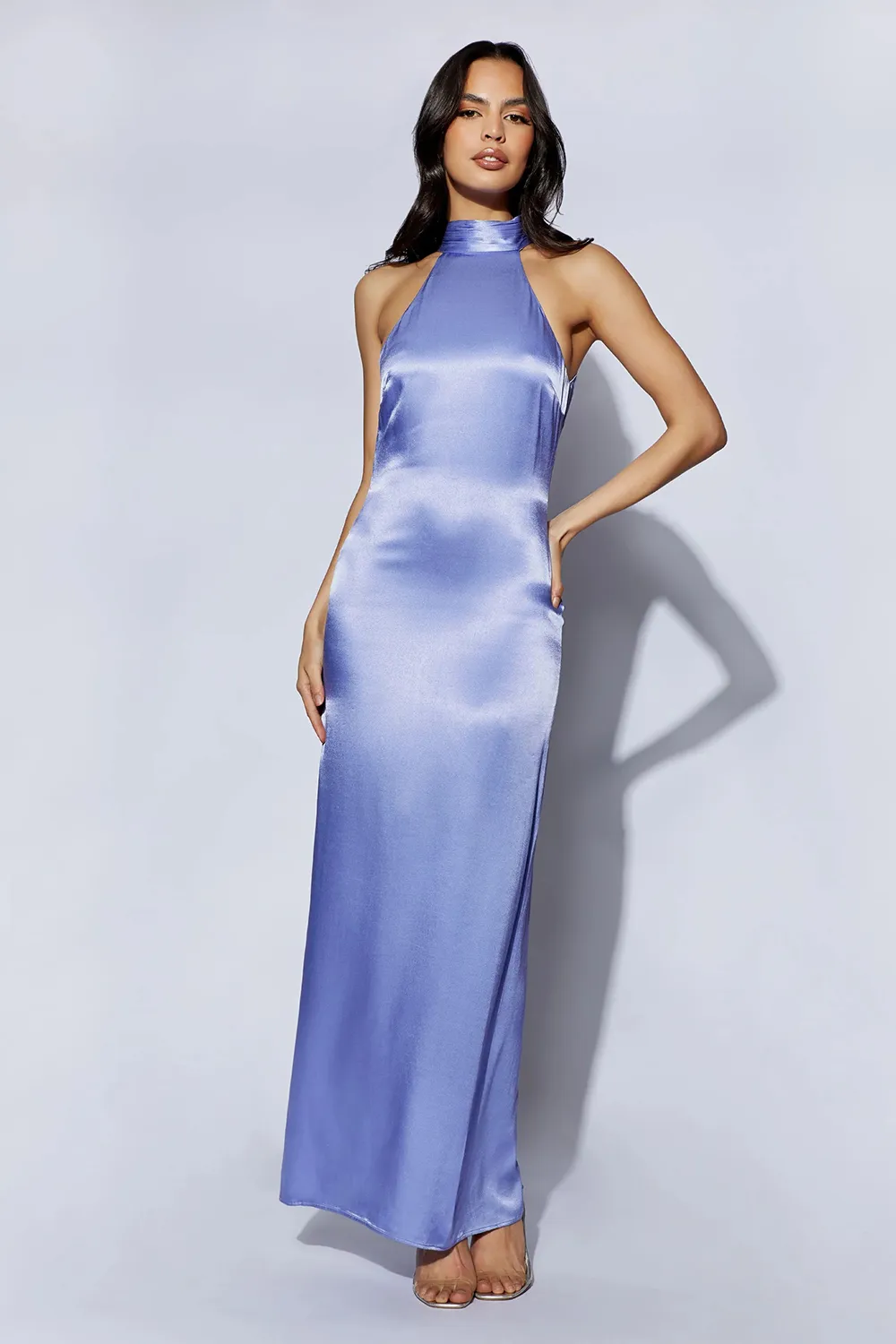 Satin Drape Back Maxi Dress with Split - Black