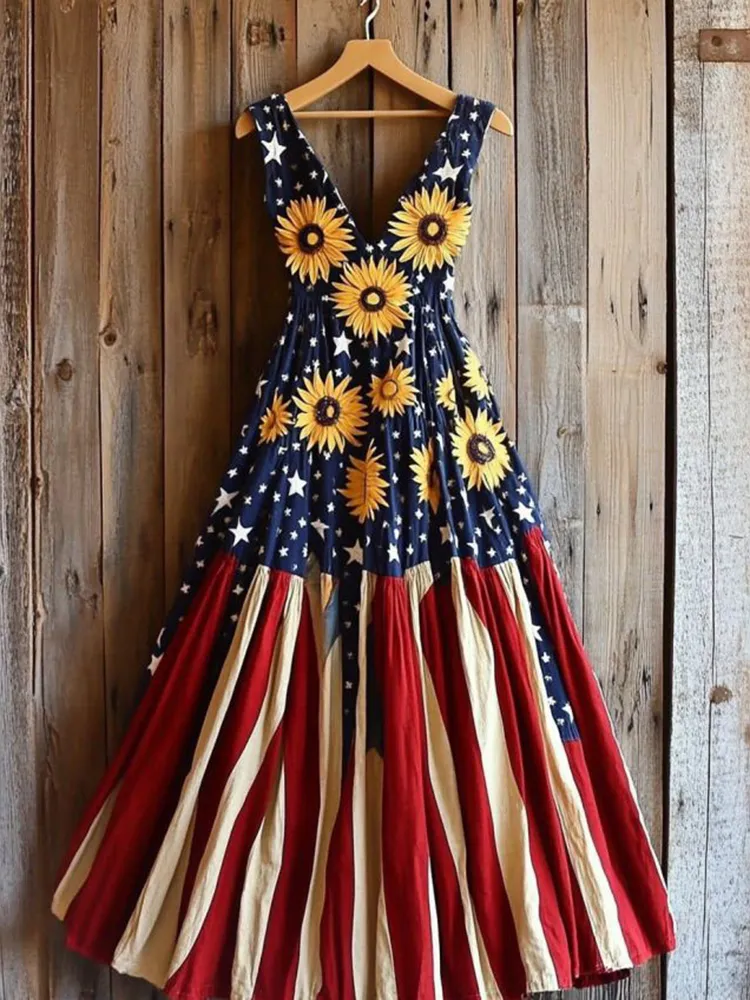 Women's Vintage Independence Day Sunflower Stripes Art Linen Midi Dress