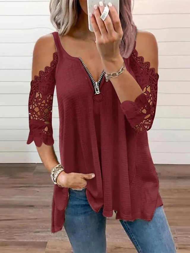 Women's Shirt Blouse Eyelet top Black White Pink Plain Lace Zipper Half Sleeve Holiday Weekend Basic Streetwear V Neck Regular S