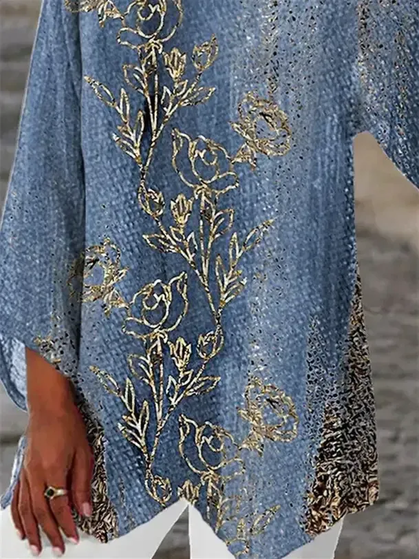 Women 3/4 Sleeve Scoop Neck Printed Colorblock Women Tops