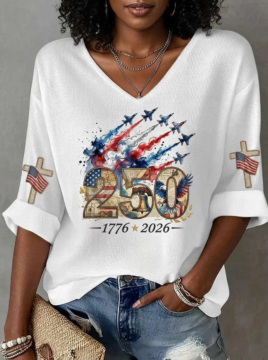 Women's USA 250th Anniversary Eagle Cross Printed V-neck Top