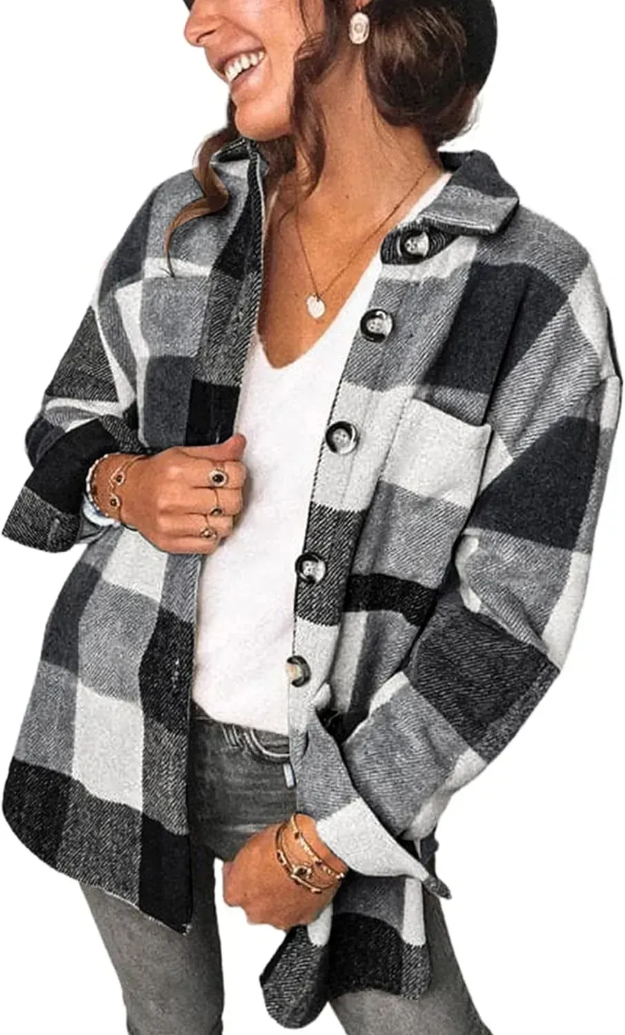 Women's 2023 Fall Clothes Plaid Shacket Jacket Long Sleeve Button Down Flannel Shirts Fashion Blouse