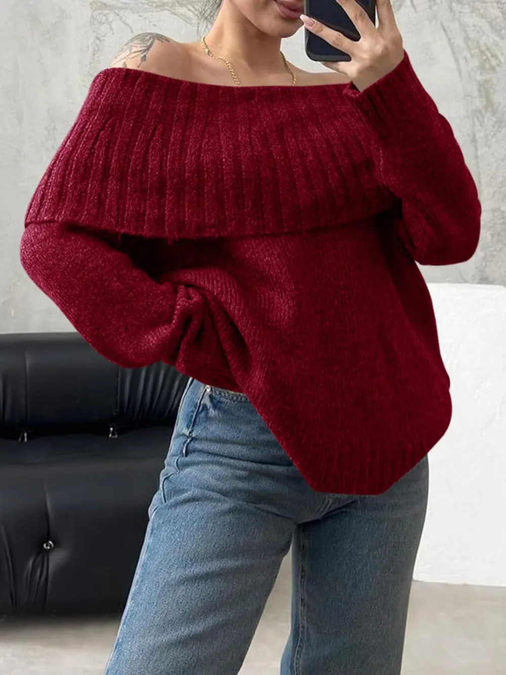 🎄Hot Sale Off The Shoulder Sweaters Long Sleeve Slouchy Knitted Casual Loose Fall Trendy Pullover Tops