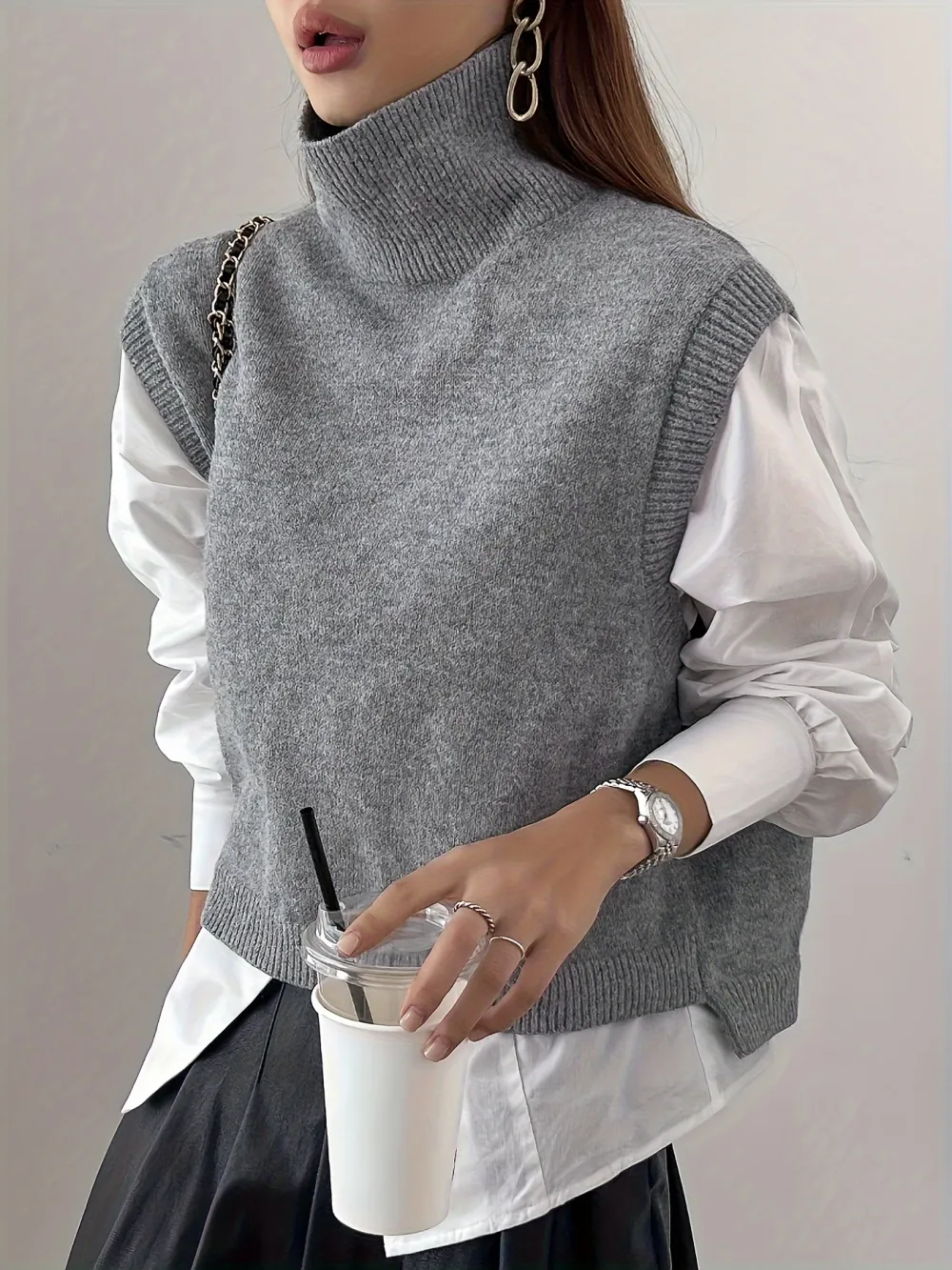 Turtle Neck Vest Jacket Sleeveless Knitted