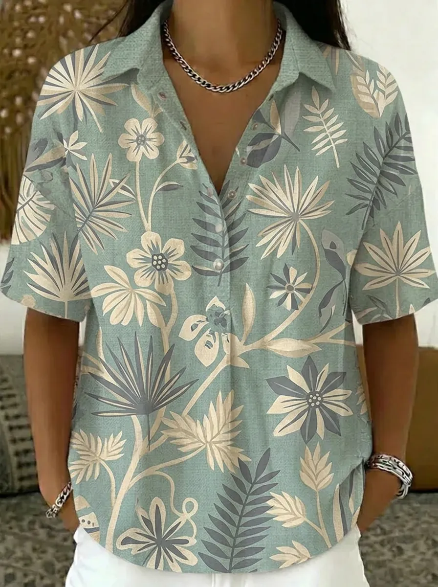 Women's Nashville Tropical Floral Botanical Printed V-neck Shirt