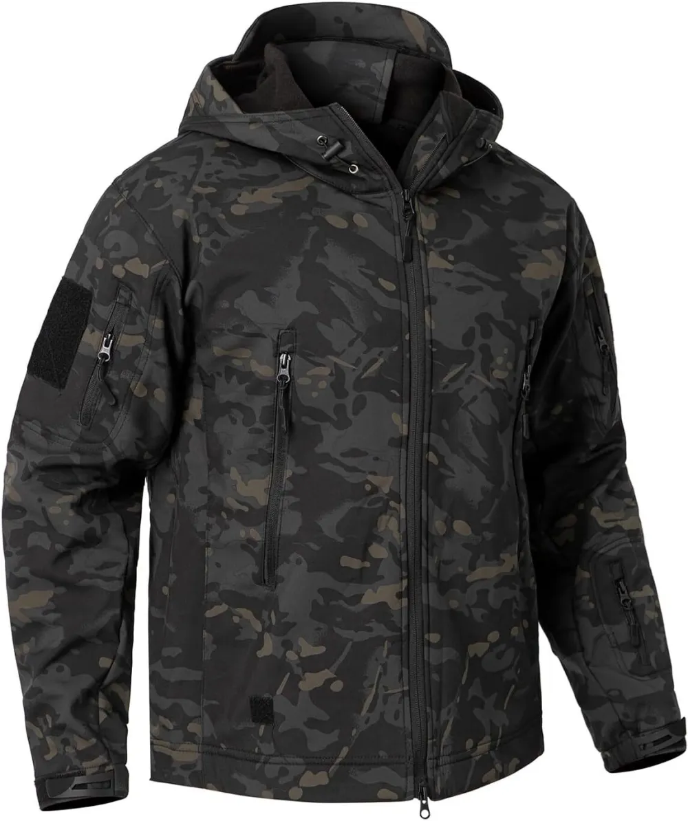 Men's Camo Quiet Hunting Jacket Waterproof Softshell Fleece Lined Camouflage Outdoor Hiking Fishing Coat