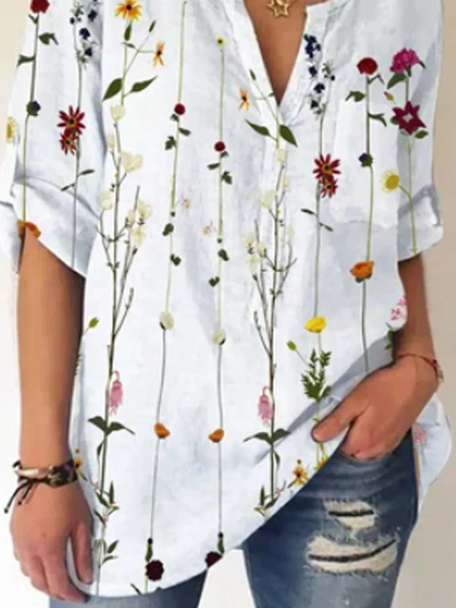 Ladies V-neck Floral Print Fashion Short-sleeved Blouse