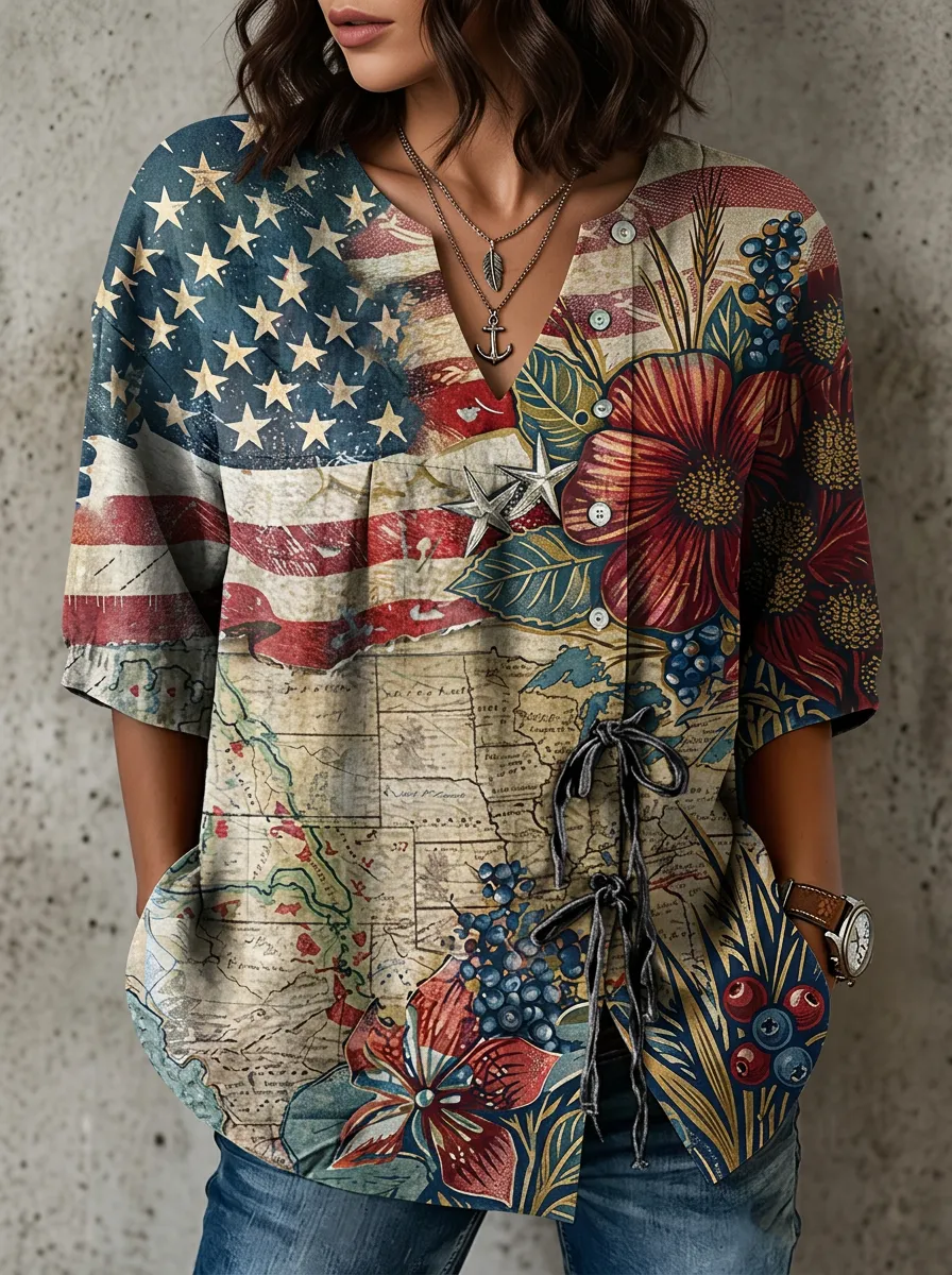 Women's Nashville USA Flag Floral Map Printed V-neck Top