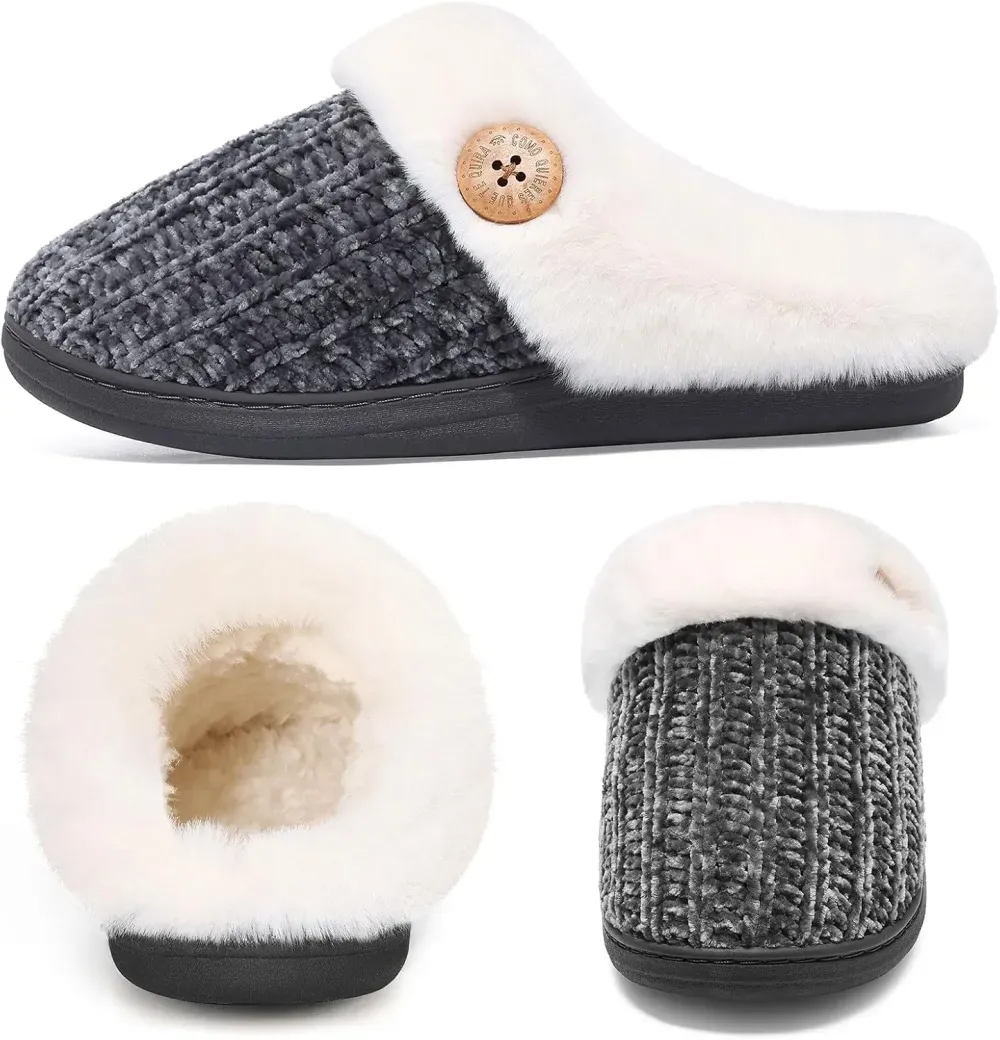 Warm Knit House Slippers for Women Comfy Wool-Like Lined Chenille Slippers with Memory Foam and Indoor Outdoor Soles