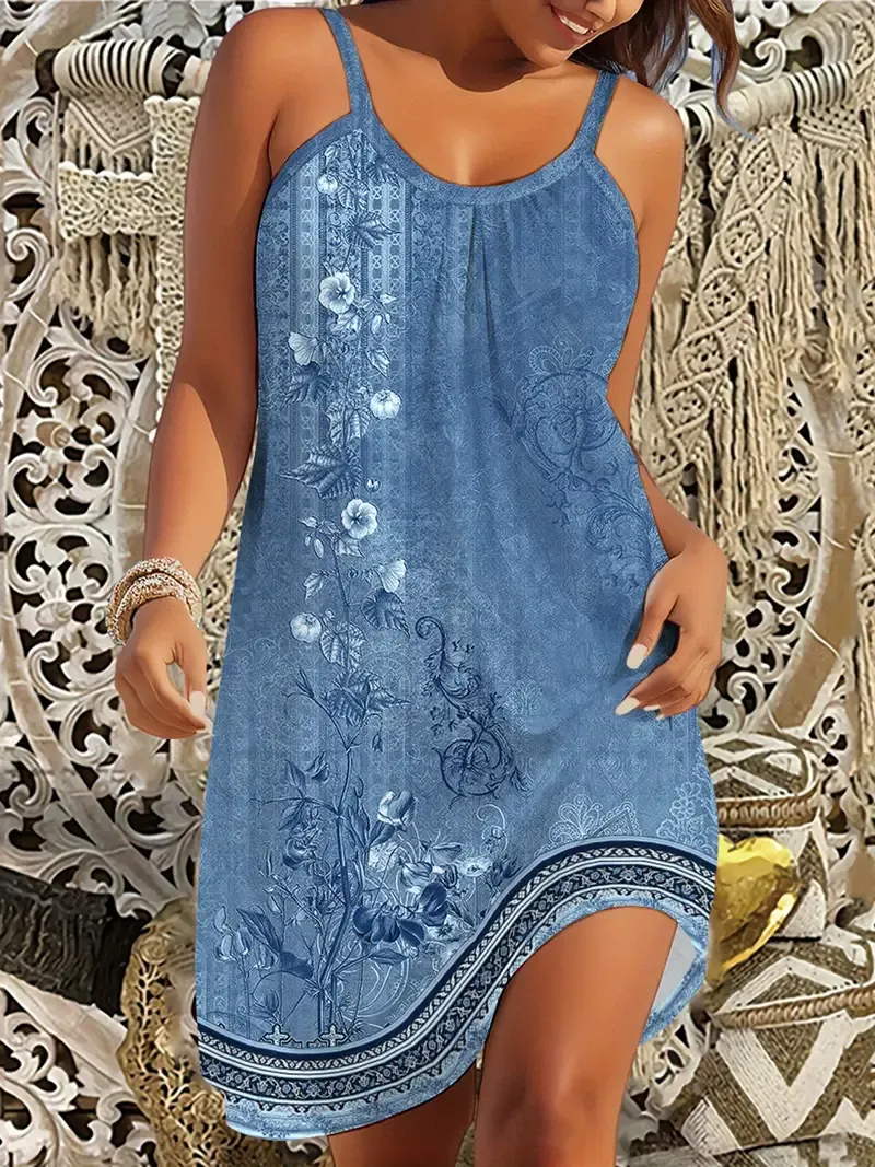 Elegant Floral Print Knee-Length Dress for Women, Polyester Sleeveless Beach Sundress with Strapless Collar, All-Season Loose Fit Knit Fabric, No Belt or Chest Pad