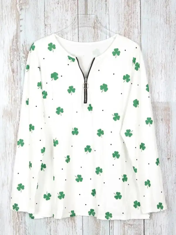 Women's  St. Patrick's Day Shamrocks Print Casual Zipper Long-Sleeve Top