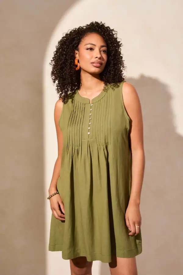 Linen Blend Pleated Sleeveless Dress-Loden