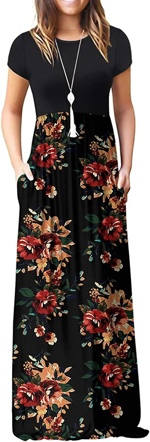 Women's Short Sleeve Loose Plain Maxi Dresses Casual Long Dresses with Pockets