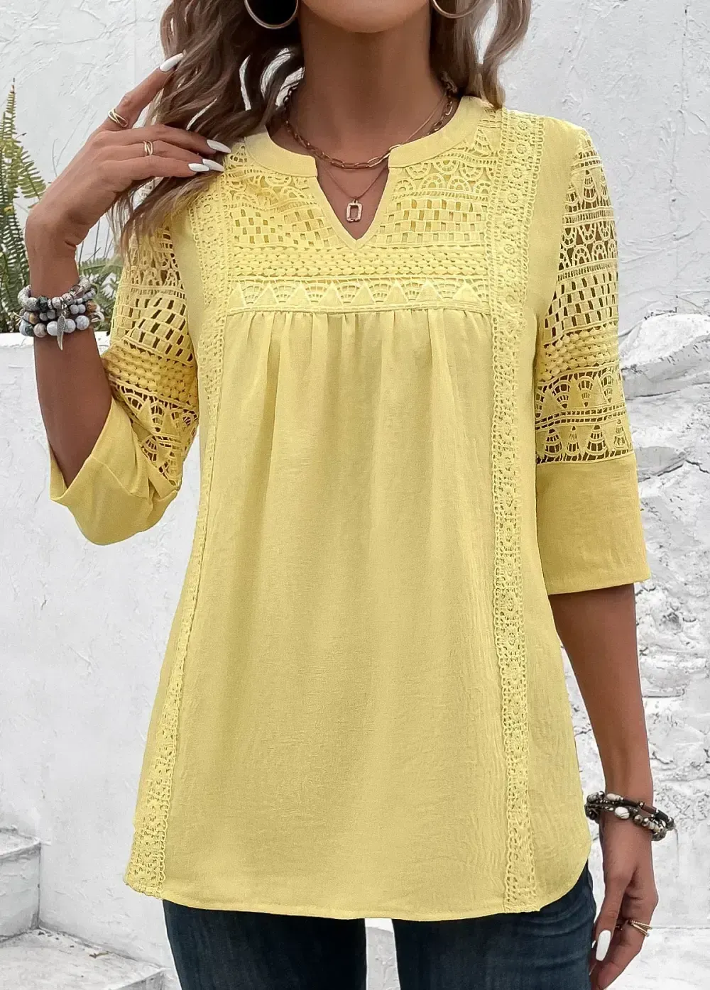 Light Yellow Patchwork 3/4 Sleeve Split Neck Blouse