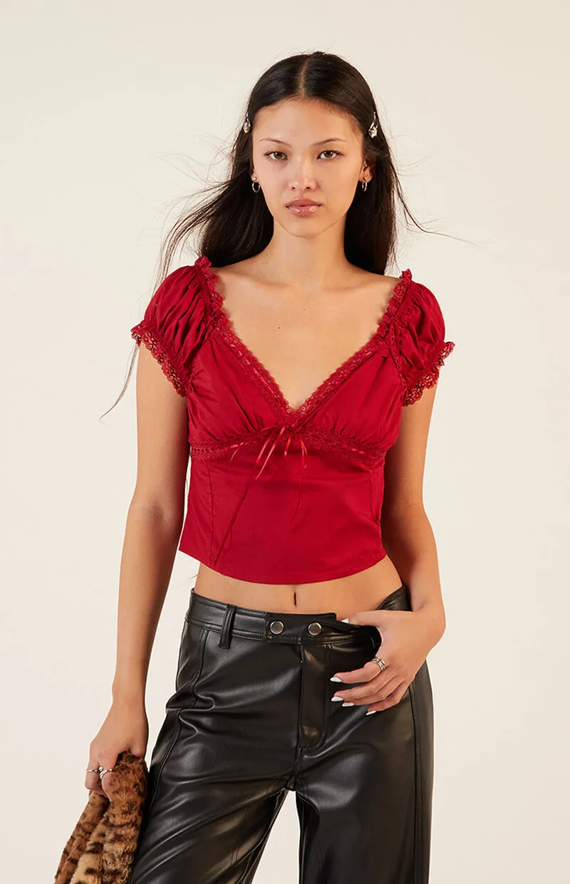 LA Hearts Lace Trim Tie Front Top