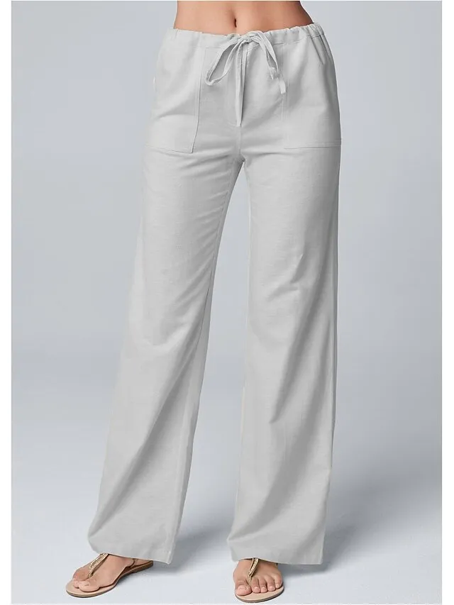 Women's Wide Leg Linen Pants Pants Trousers Full Length Cotton Faux Linen Side Pockets Wide Leg Fashion Casual Daily White Khaki S M