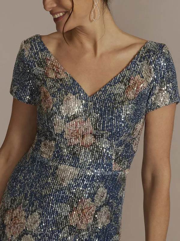 short sleeve allover sequin floral a-line