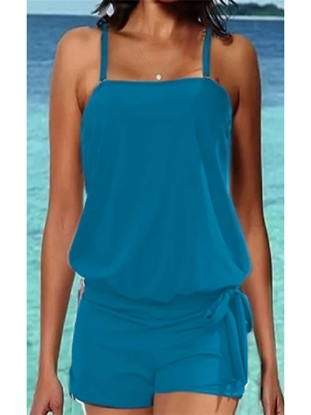 Women's Swimwear Tankini 2 Piece Normal Swimsuit 2 Piece High Waist Open Back Pure Color Green Black Blue Purple Dusty Blue Camisole Padded Strap Bathing Suits New Vacation Holiday / Modern