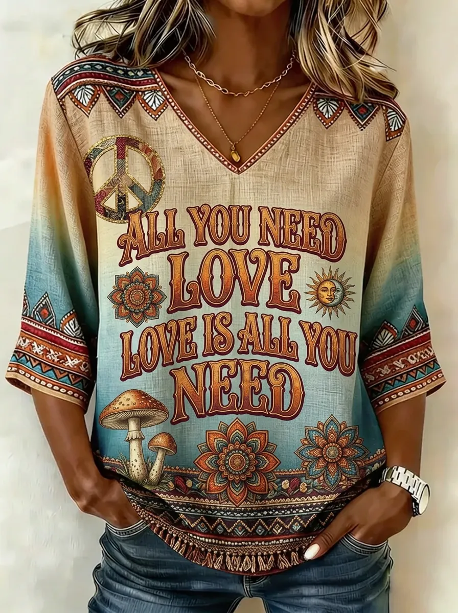 Women's Nashville Boho Peace Mushroom Printed V-neck Top