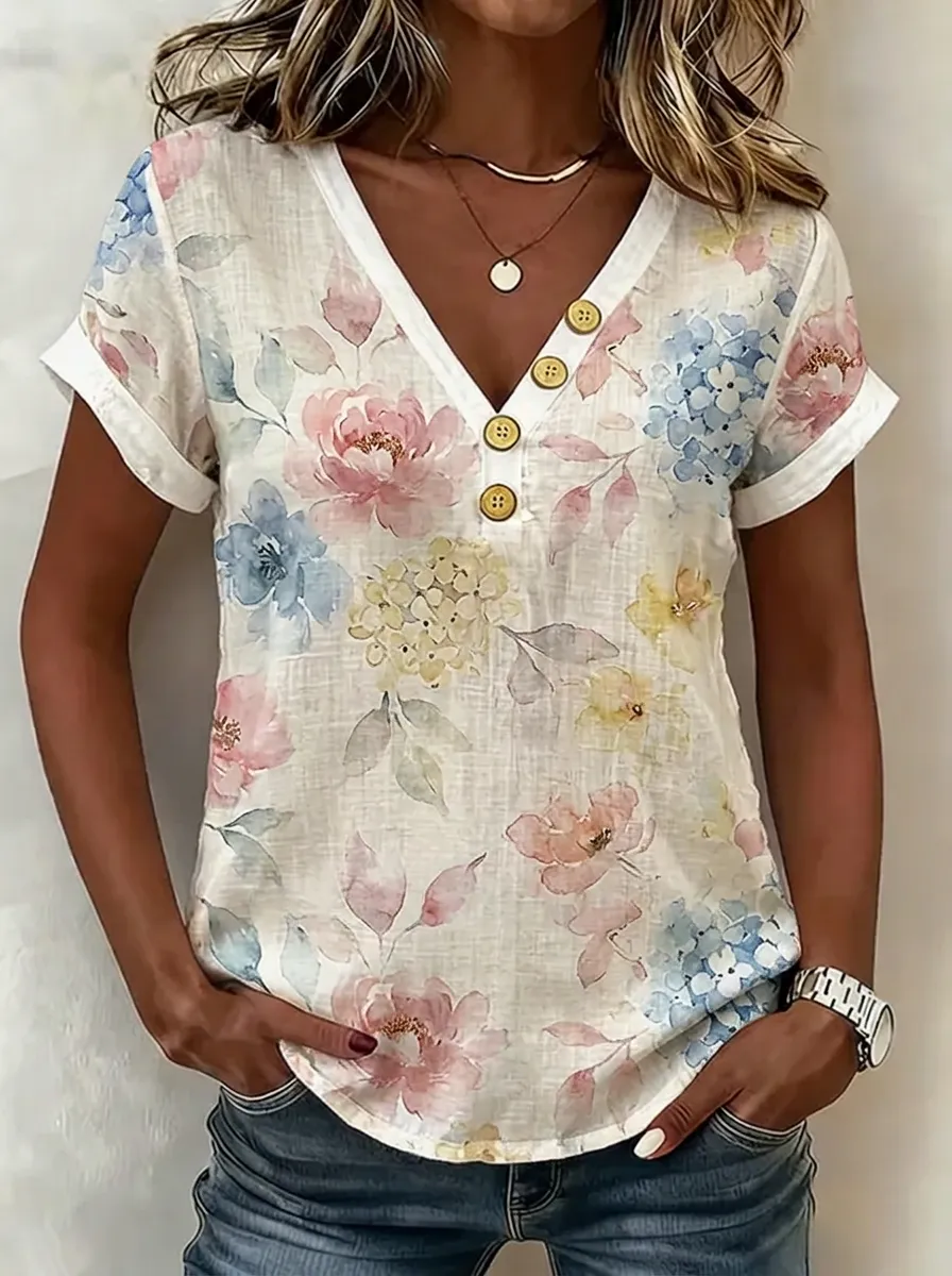 Women's Nashville Floral Watercolor Printed Button V-Neck Top