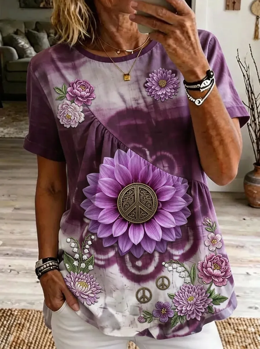 Women's Nashville Floral Peace Sign Tie-Dye Printed T-shirt