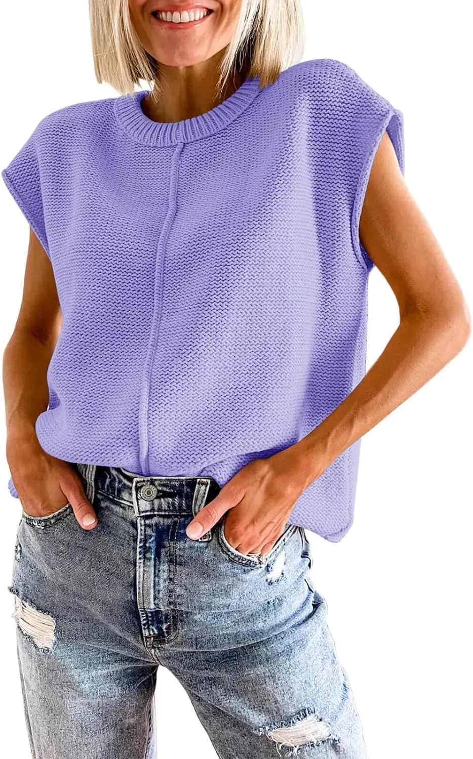 Saodimallsu Womens Summer Cap Sleeve Tops Casual Crew Neck Loose Fit Knit Lightweight Sweater Pullover Top