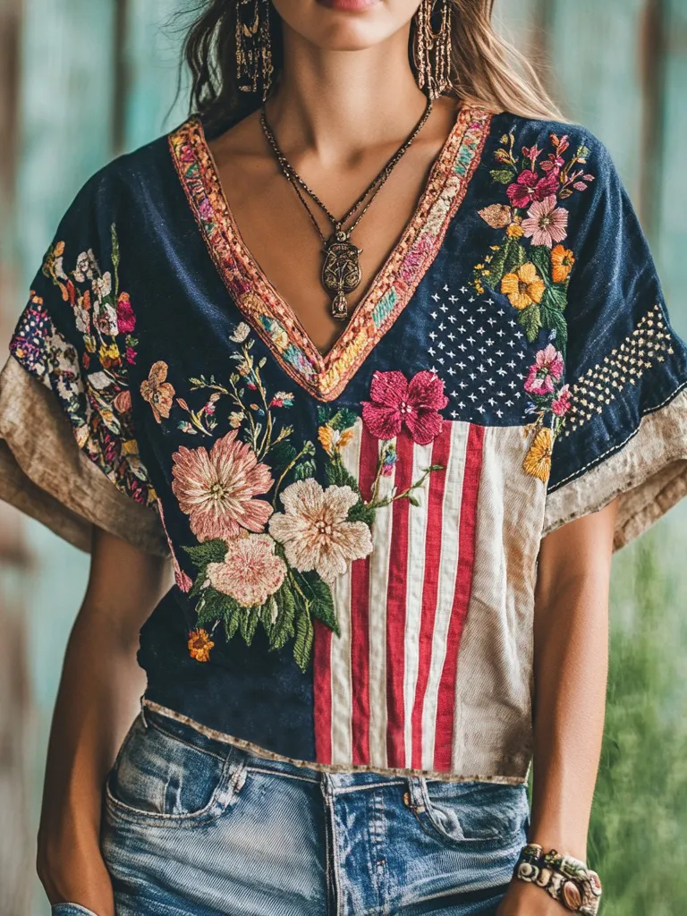Women's Independence Day Flag Floral Embroidered V-neck Linen Blend T-shirt